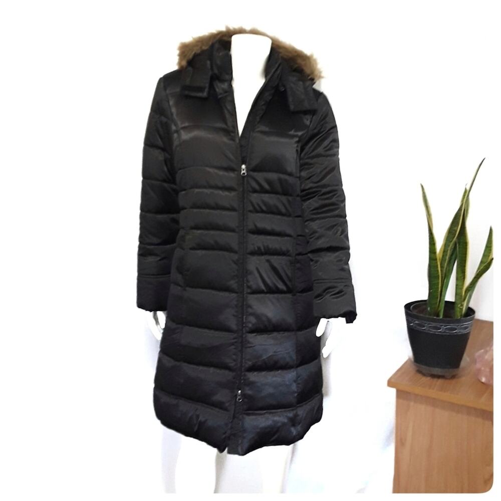 FADED GLORY Long Black Puffer Jacket Size M Faux Fur Trim Hood Ski Winter Wear